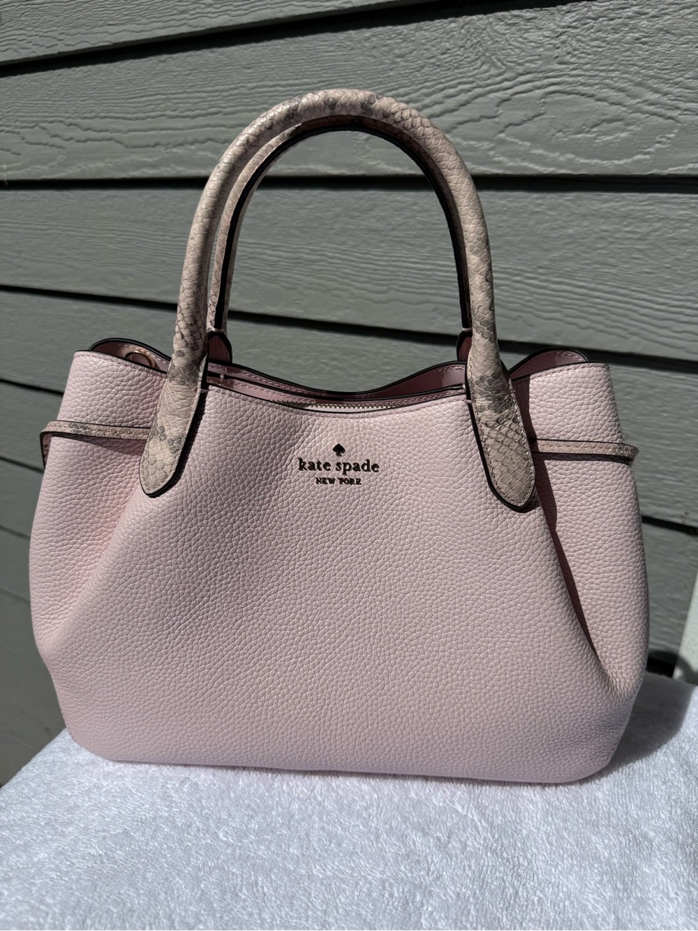 kate spade Blush Pink Pebbled Leather dumpling Satchel with Snake-Print Handles